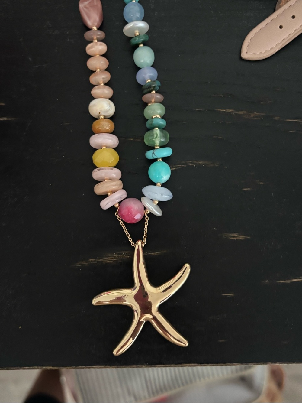 Gold Starfish Pendant Necklace with Multicolor Beads